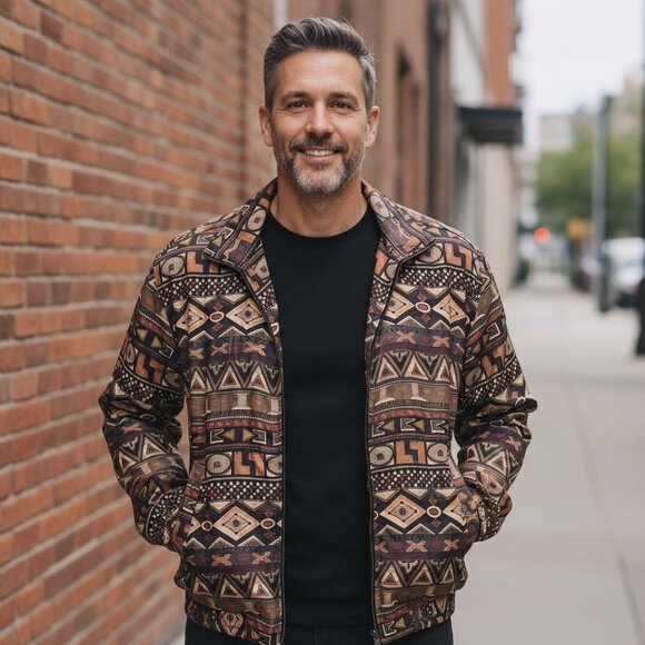 CoAco Vintage Silk Bomber Jacket L – Unisex Tribal Aztec Print Zip Up - Picture 11 of 12